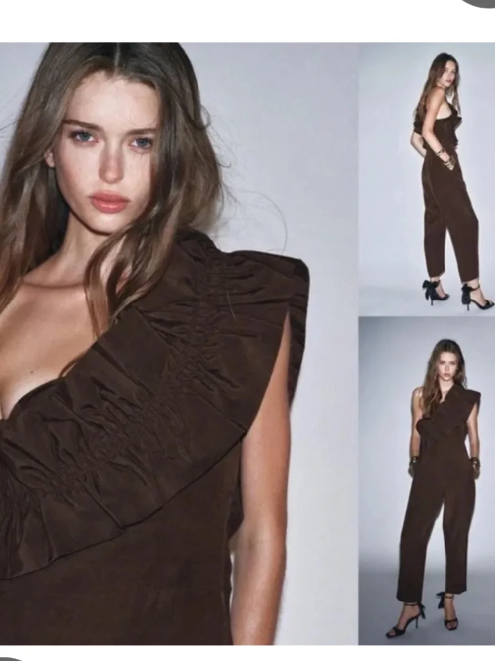 Zara NWT brown asymmetrical linen blend ruffle jumpsuit 8460/501